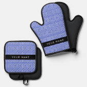 Grieks Meander Key Blue, Jouw naam, Personaliseren Ovenwant & Pannenlap Set (Voorkant / Achterkant)