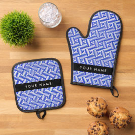 Grieks Meander Key Blue, Jouw naam, Personaliseren Ovenwant & Pannenlap Set