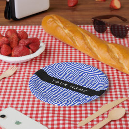 Grieks Meander Key Blue, Jouw naam, Personaliseren Papieren Bordje
