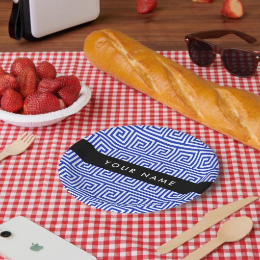 Grieks Meander Key Blue, Jouw naam, Personaliseren Papieren Bordje (Picknick)