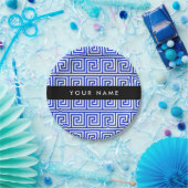 Grieks Meander Key Blue, Jouw naam, Personaliseren Papieren Bordje (Feest)