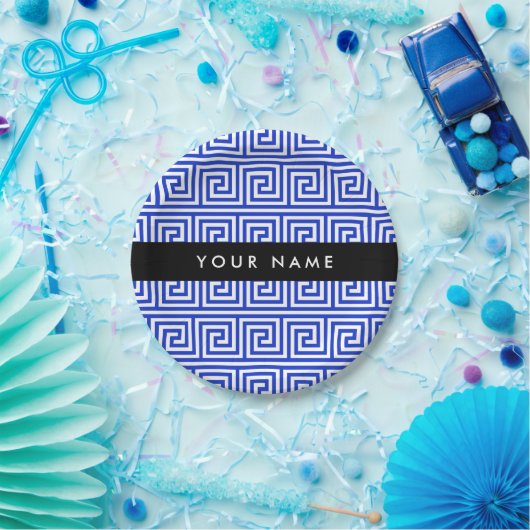 Grieks Meander Key Blue, Jouw naam, Personaliseren Papieren Bordje (Feest)