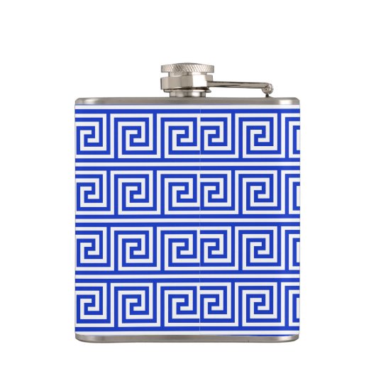 Grieks Meander Key Squares Patroon Blauw Heupfles (Achterkant)