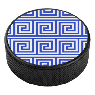 Grieks Meander Key Squares Patroon Blauw Hockey Puck