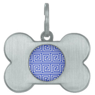 Grieks Meander Key Squares Patroon Blauw Huisdieren Naamplaatje