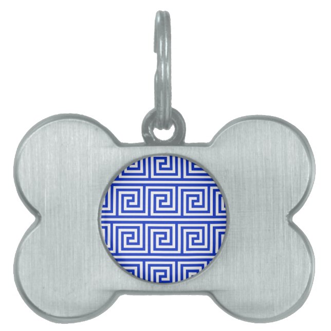 Grieks Meander Key Squares Patroon Blauw Huisdieren Naamplaatje (voorkant)
