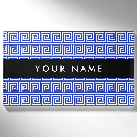 Grieks Meander Key Squares Patroon Blauw Naambadge (Voorkant)