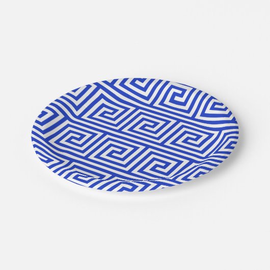 Grieks Meander Key Squares Patroon Blauw Papieren Bordje (Gekanteld)