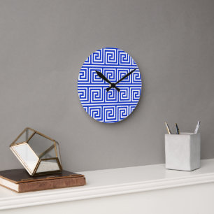 Grieks Meander Key Squares Patroon Blauw Ronde Klok