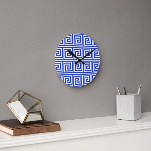Grieks Meander Key Squares Patroon Blauw Ronde Klok (Kantoor)