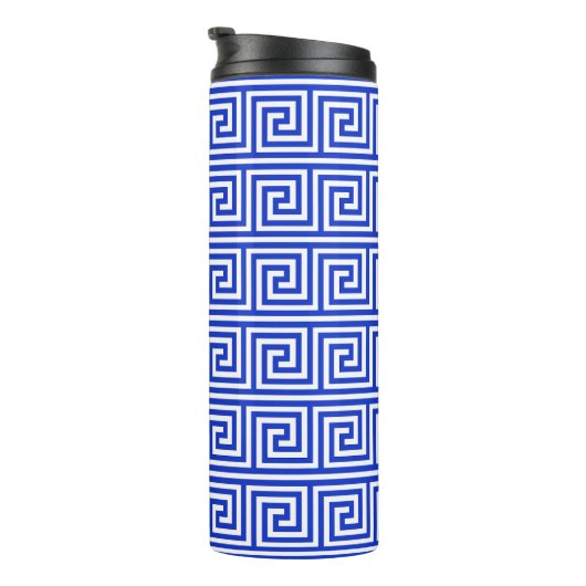 Grieks Meander Key Squares Patroon Blauw Thermosbeker (Geroteerd rechts)