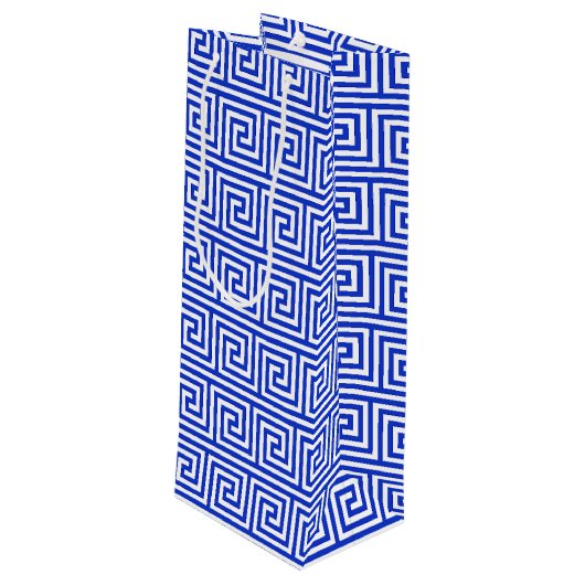 Grieks Meander Key Squares Patroon Blauw Wijn Cadeautas (Achterkant Gekanteld)