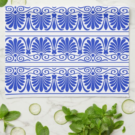 Grieks Mediterraan Arabesk patroon blauw Theedoek (Gevouwen)