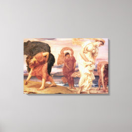 Grieks Meisjes Oppakken Keien op het Strand Canvas Afdruk