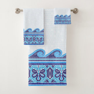 Grieks Mozaïek Tegel Ornament - Blauwe tinten Bad Handdoek