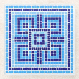Grieks Mozaïek Tegel Ornament - Blauwe tinten Glazen Onderzetter