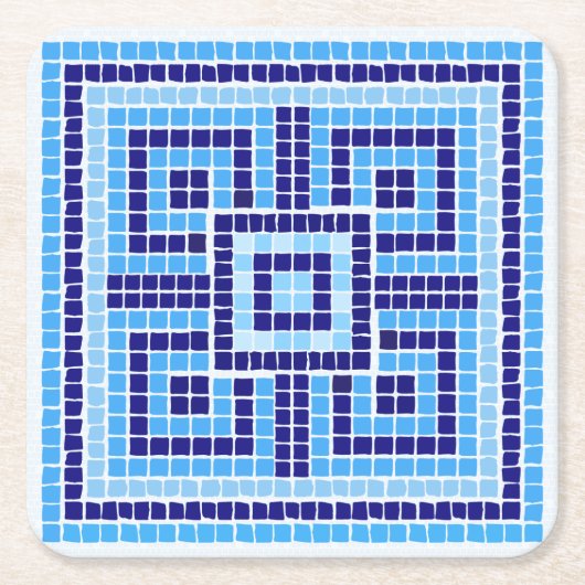 Grieks Mozaïek Tegel Ornament - Blauwe tinten Kartonnen Onderzetters (Voorkant)