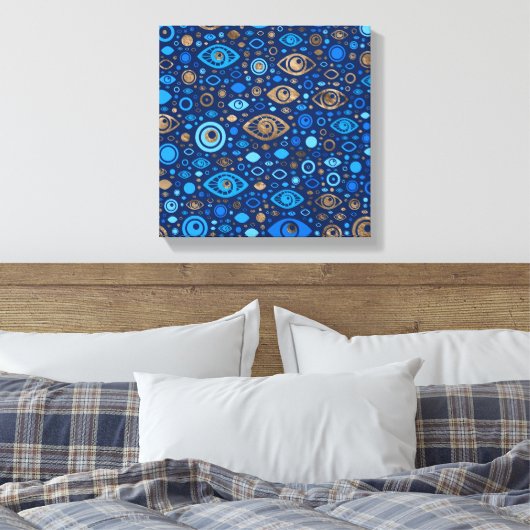Grieks Oogpatroon Blauwdruk en goud Canvas Afdruk (Insitu (Slaapkamer))