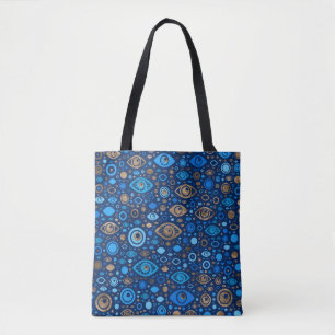 Grieks Oogpatroon Blauwdruk en goud Tote Bag