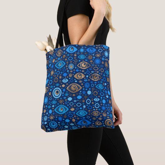 Grieks Oogpatroon Blauwdruk en goud Tote Bag (Dichtbij)