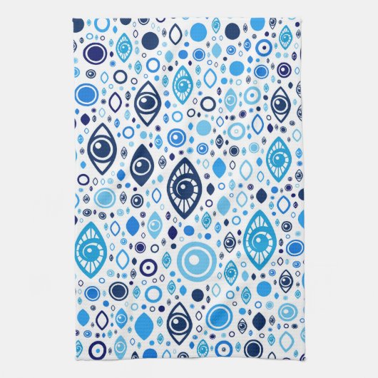 Grieks Oogpatroon Blauwdruk en wit Theedoek (Verticaal)