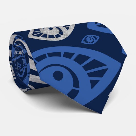 Grieks oogpatroon Blauwdruk en zilver #1 Stropdas (Opgerold)