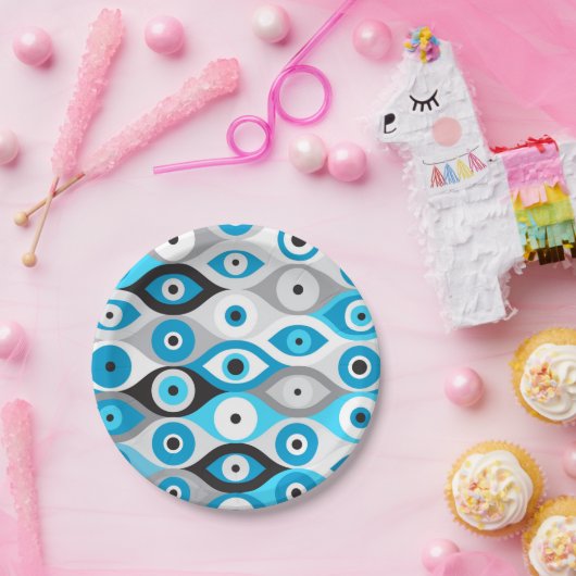 Grieks Oogpatroon Blauwte en grijswaarden Papieren Bordje (Feest)