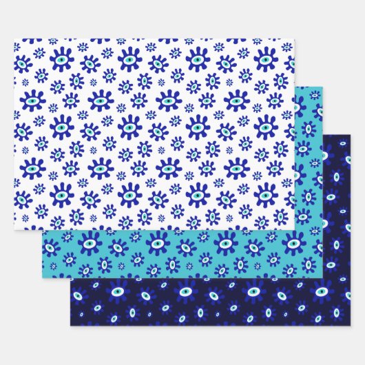 Grieks Oogsymbool Blauw en Wit Patroon Inpakpapier Vel (Set)