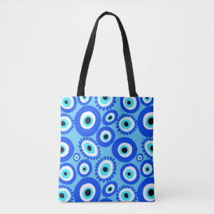 Grieks Oogsymbool Blauw Wit Modern Patroon Tote Bag
