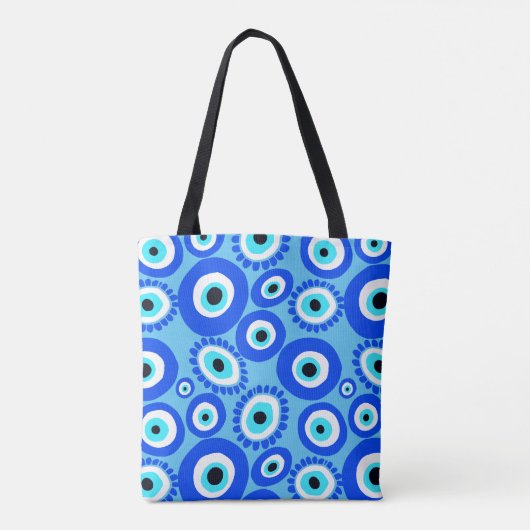 Grieks Oogsymbool Blauw Wit Modern Patroon Tote Bag (Achterkant)
