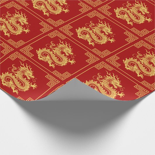Grieks Ornament Lijst Gouden Drakenpatroon Rood Cadeaupapier (Hoek)
