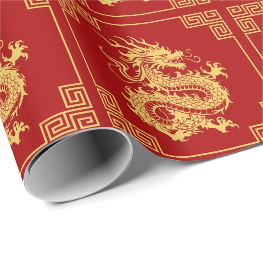 Grieks Ornament Lijst Gouden Drakenpatroon Rood Cadeaupapier (Rol Hoek)
