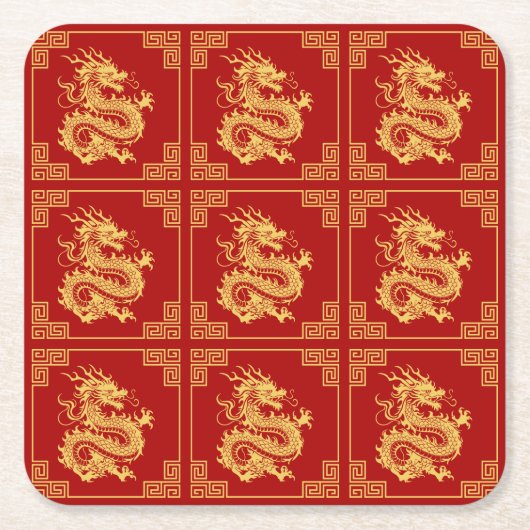 Grieks Ornament Lijst Gouden Drakenpatroon Rood Kartonnen Onderzetters (Voorkant)