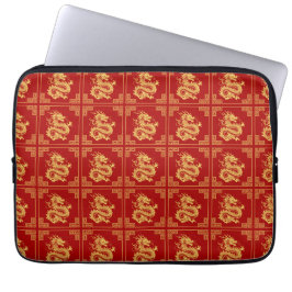 Grieks Ornament Lijst Gouden Drakenpatroon Rood Laptop Sleeve