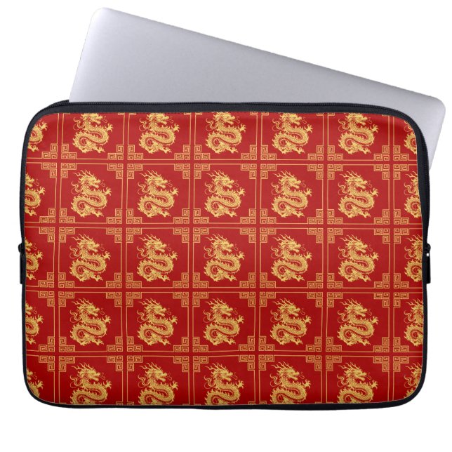 Grieks Ornament Lijst Gouden Drakenpatroon Rood Laptop Sleeve (Voorkant)