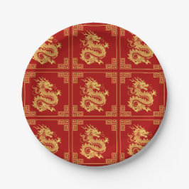 Grieks Ornament Lijst Gouden Drakenpatroon Rood Papieren Bordje