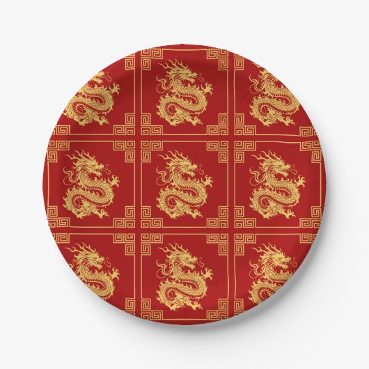 Grieks Ornament Lijst Gouden Drakenpatroon Rood Papieren Bordje (Voorkant)