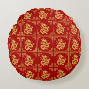 Grieks Ornament Lijst Gouden Drakenpatroon Rood Rond Kussen