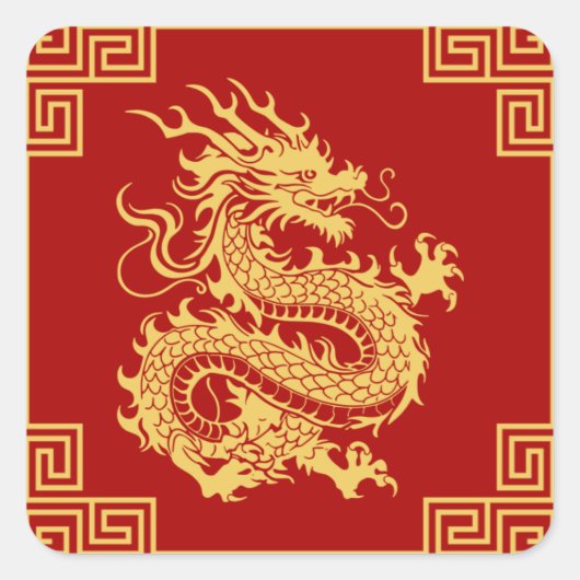 Grieks Ornament Lijst Gouden Drakenpatroon Rood Vierkante Sticker (Voorkant)