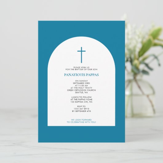 Grieks-orthodox Christening Baptism Boy Blue Arch Kaart (Staand voorkant)