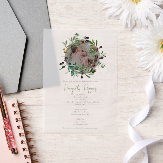 Grieks-orthodox Christening Baptisme Olijven Foto Vellum Uitnodigingen (Huwelijk)