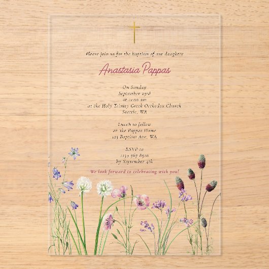Grieks orthodox doop doop meisje wilde bloem acryl uitnodigingen (Voorkant)