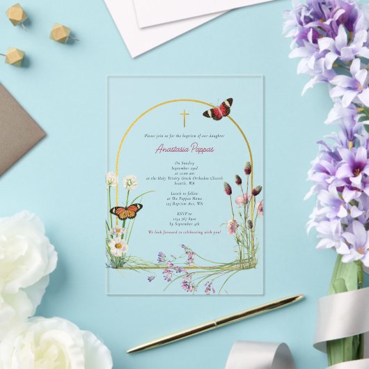 Grieks orthodox doop doop meisje wilde bloem acryl uitnodigingen (Insitu (Huwelijk))