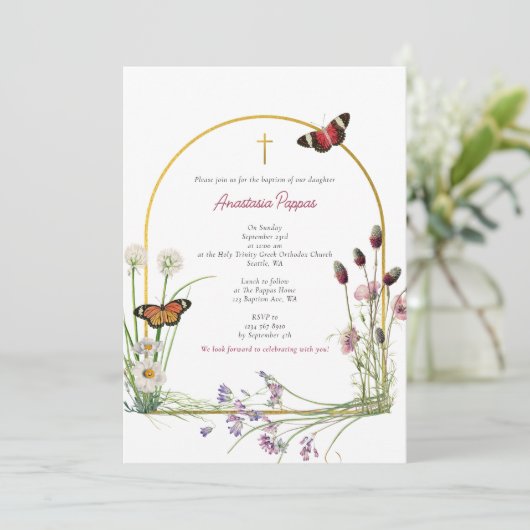 Grieks orthodox doop doop meisje wilde bloem kaart (Staand voorkant)