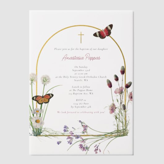 Grieks orthodox doop doop meisje wilde bloem vellum uitnodigingen (Voorkant)