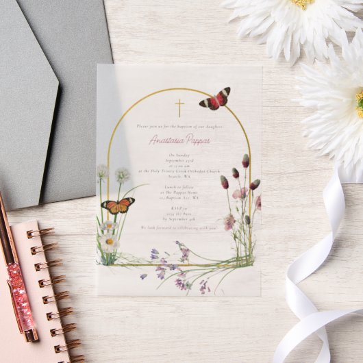 Grieks orthodox doop doop meisje wilde bloem vellum uitnodigingen (Huwelijk)