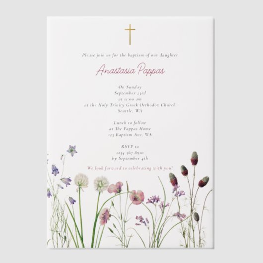 Grieks orthodox doop doop meisje wilde bloem vellum uitnodigingen (Voorkant)