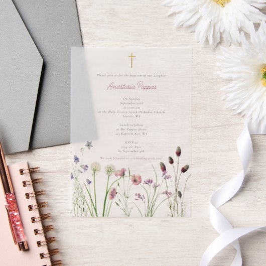 Grieks orthodox doop doop meisje wilde bloem vellum uitnodigingen (Huwelijk)