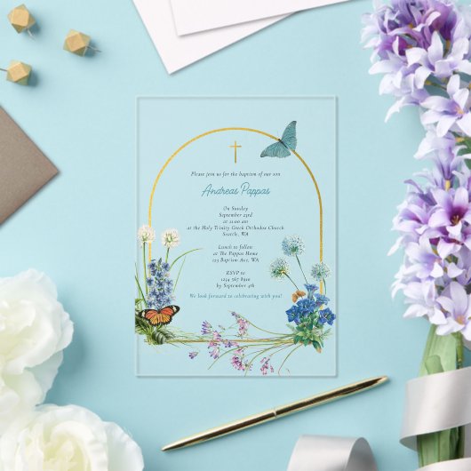 Grieks-orthodox doopdoop Jongen Wildbloem Acryl Uitnodigingen (Insitu (Huwelijk))