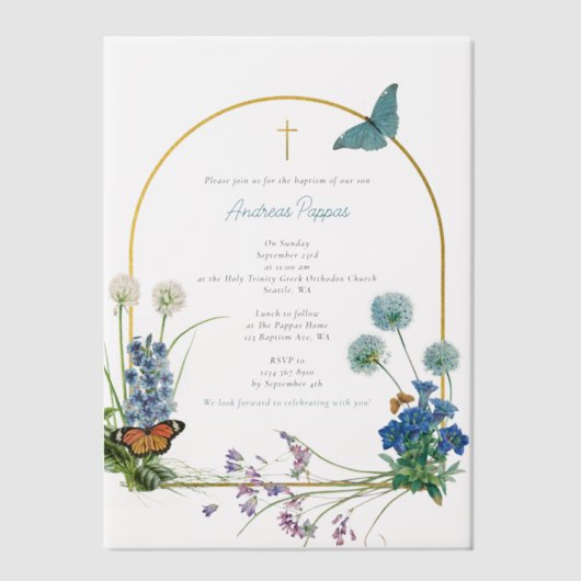 Grieks-orthodox doopdoop Jongen Wildbloem Vellum Uitnodigingen (Voorkant)